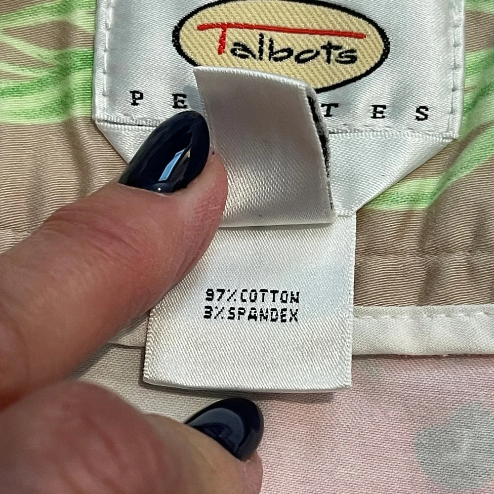 Talbots Petites Floral A-Line Skirt Tan Pink Green Cotton Stretch Size 4P USA